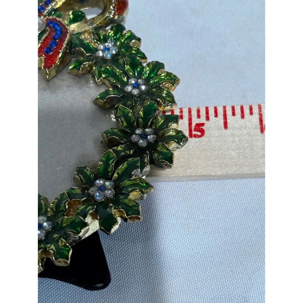 Christmas Wreath Picture Frame Enameled Rhinestone Pearl Holly Gold Tone 4.5in